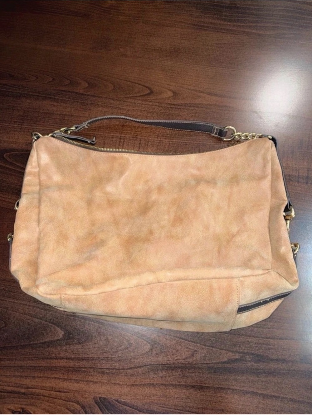 Suede Chain-Accent Shoulder Bag in Camel